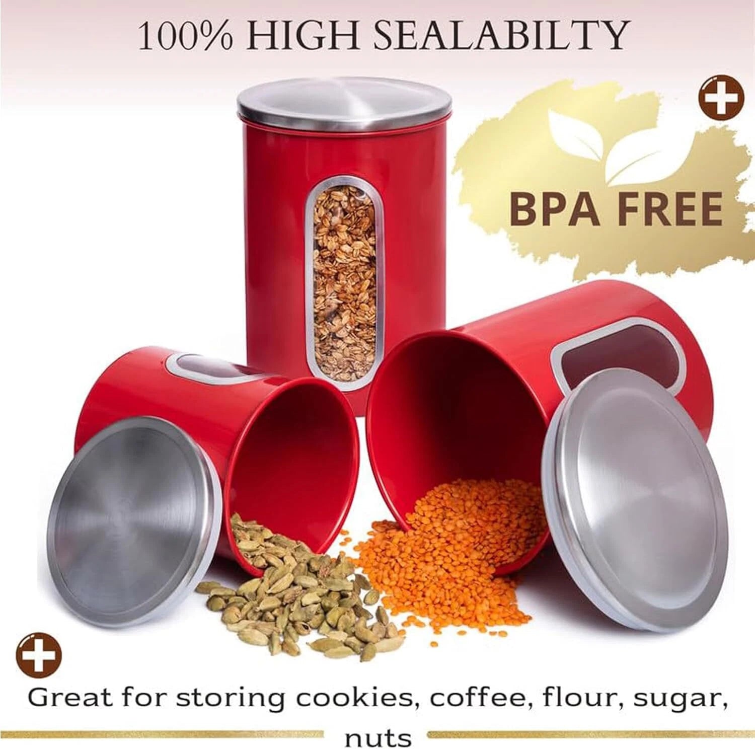 3 Piece Red Canisters Sets For The Kitchen, Kitchen Jars With See Through Window 07FC0E-D4 - KOEEK