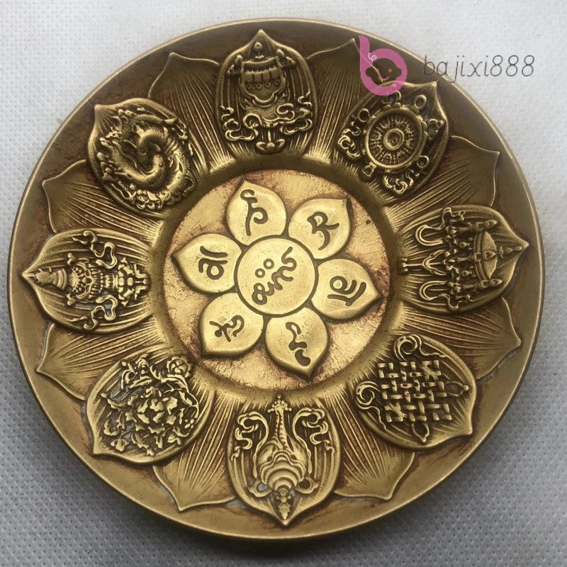 10cm Brass Handcarved Lotus Six Character Proverbs Plate Decoration Collection 07FC0E-D4 - KOEEK