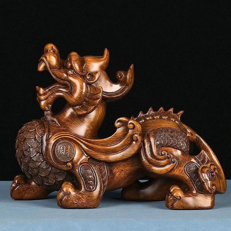 Boxwood Wood Carved Pixiu Figurine 8cm Desk Decor Home Ornament Gift 07FC0E-D4 - KOEEK