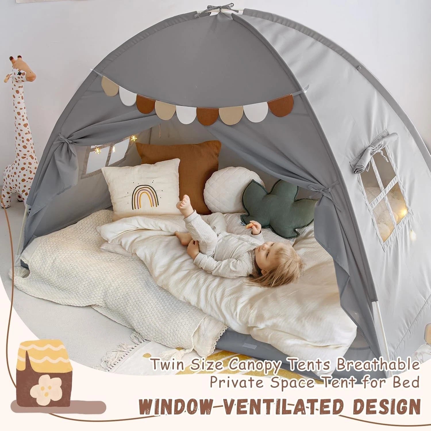 Bed Tent Bed Canopy Bunk Twin Size for Kids, Kids Tent Floor Indoor Privacy 07FC0E-D4 - KOEEK
