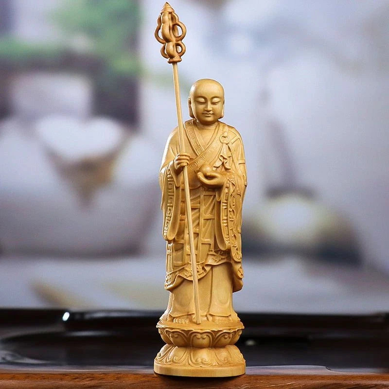 10cm Boxwood Ksitigarbha Bodhisattva Statue Wooden Home Altar Decor Figurine 07FC0E-D4 - KOEEK