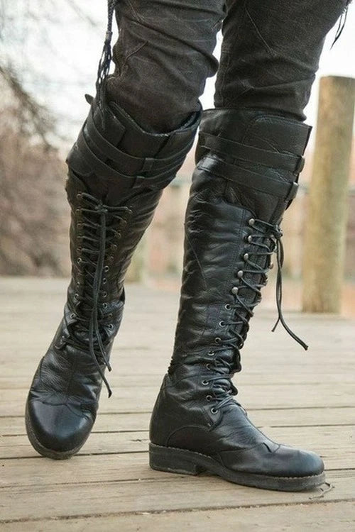 Men's Men Winter Boots Vintage Medieval Knee HighBoots Cross Strap Lace Up Boots 07FC0E-D4 - KOEEK