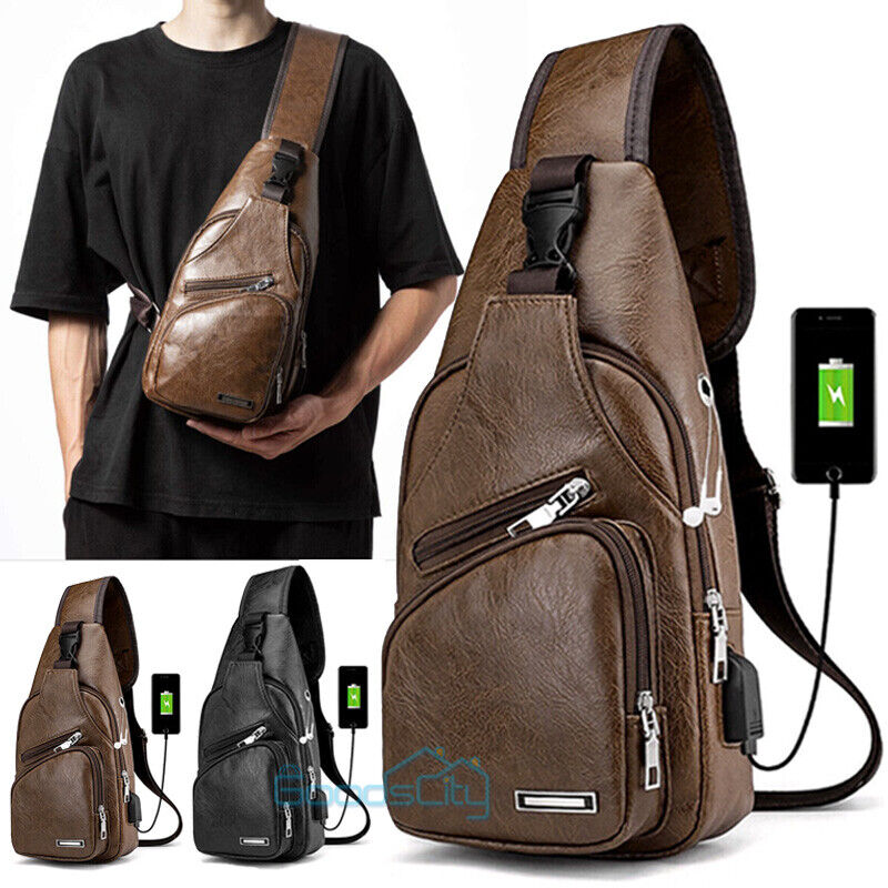 ny Mochila bandolera for hombre Bolso cruzado de cuero PU en el pecho Carga USB