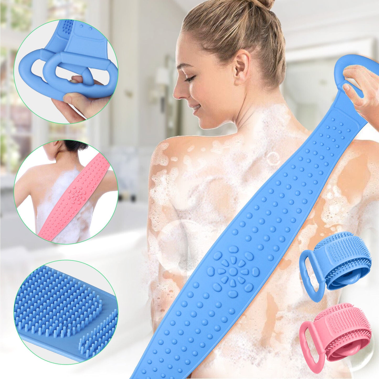 Silicone Bath Towel Rub Body Brush Shower Pull Back Strip Scrubber Exfoliating