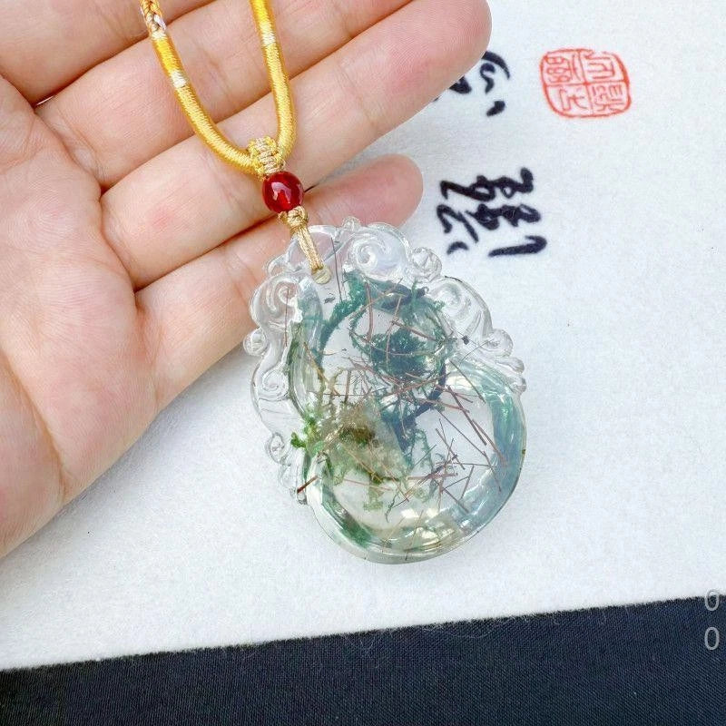 Green Resin Gourd Pendant Ice Style Carved Jewelry with Cord 07FC0E-D4 - KOEEK