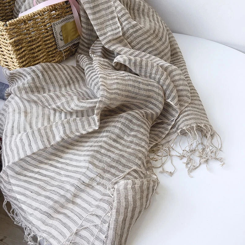 Mens  Flax Linen Scarf Khaki Stripe Breathable Neckerchief Stole Bandana 07FC0E-D4 - KOEEK