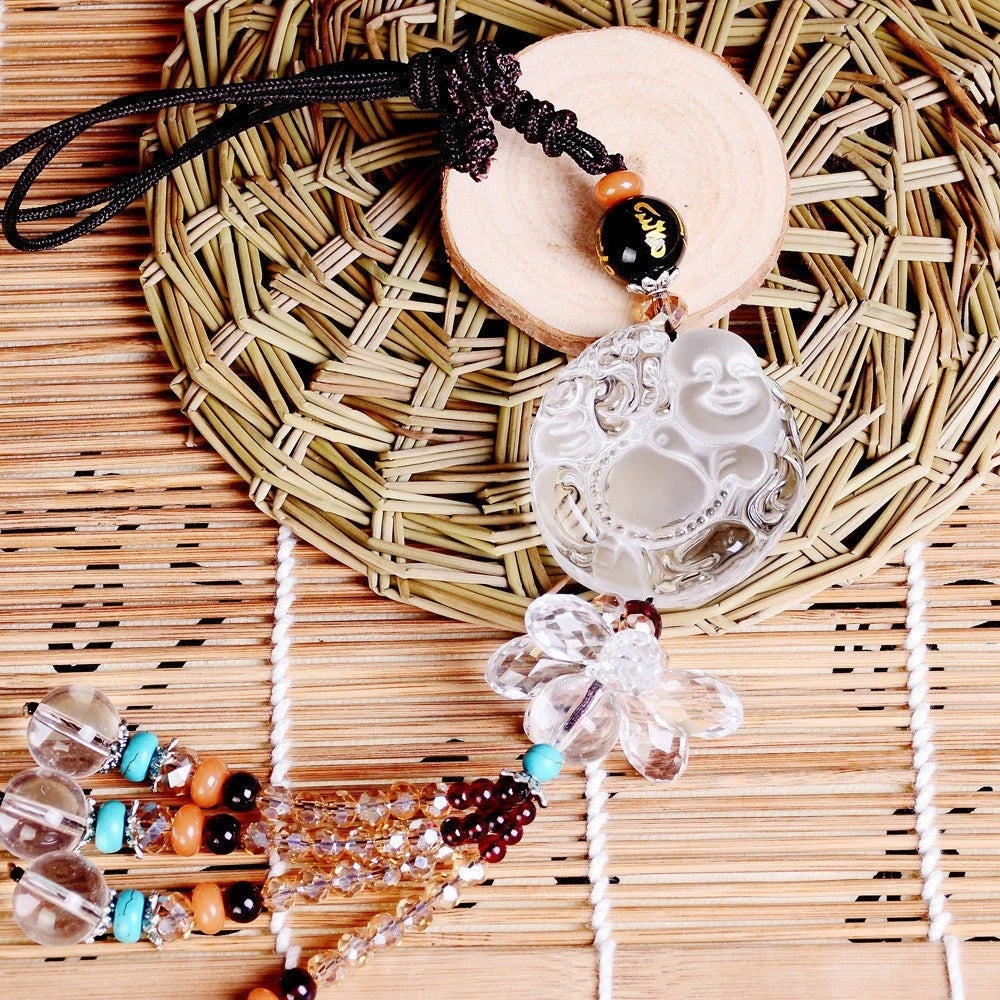 White Crystal Hanging Pendant Maitreya Laughing Buddha Car Interior Ornament 07FC0E-D4 - KOEEK