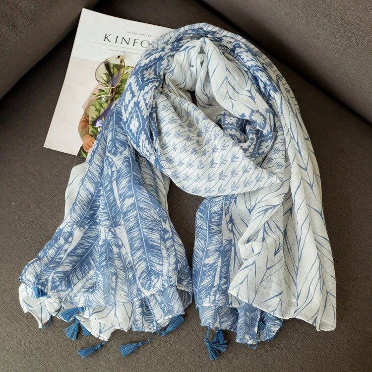 White Blue Geometric Floral Yarn Scarf Tassel Shawl Spring Pashmina Cape 07FC0E-D4 - KOEEK