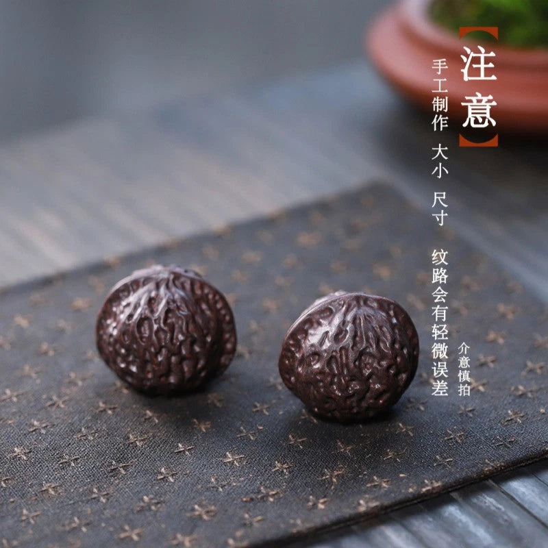 1Pair 4.4cm Yixing Purple Clay Handcarved Walnut Tea Pet Handball Luck Ornament 07FC0E-D4 - KOEEK