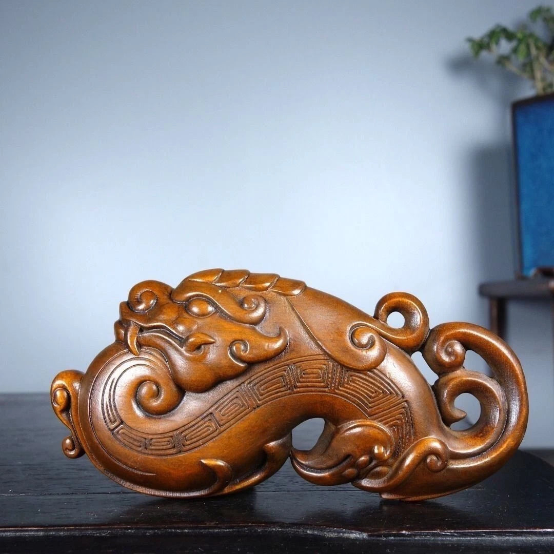Boxwood Wood Carved Dragon Phoenix Pendant 9cm Handheld Piece Hanging Charm 07FC0E-D4 - KOEEK