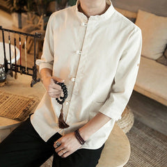 Men Vintage Kung Fu Shirts Tops 3/4 Sleeve Cotton Linen Chinese Style Tang Suit 07FC0E-D4 - KOEEK