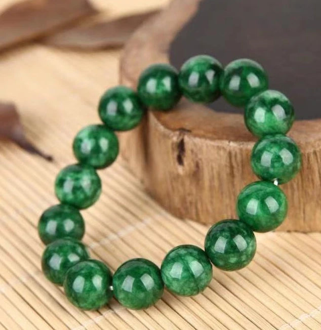 Imperial Green Jade Bead Bracelet 12mm Round Beads Full Color Unisex Jewelry 07FC0E-D4 - KOEEK