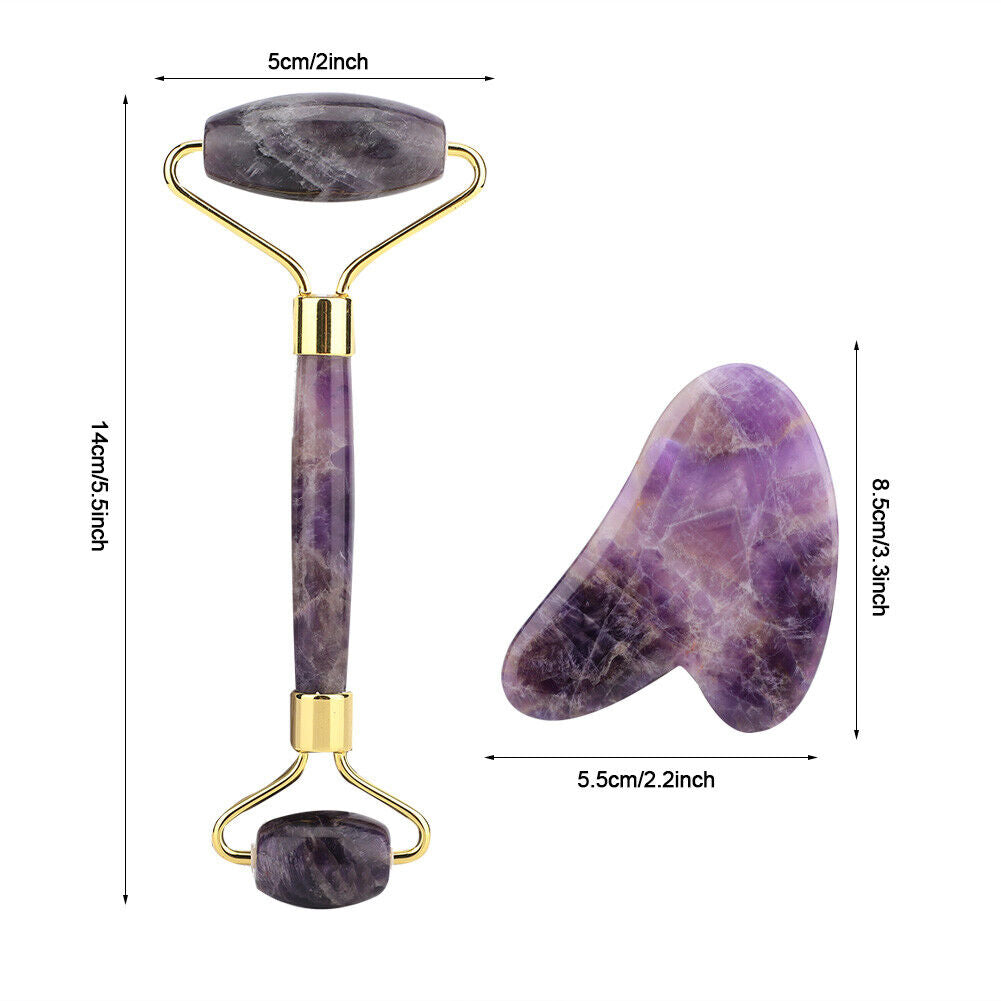 new Amethyst Double Head Jade Stone Roller & Guasha Scrapping Plate Massage Kit HGF koeek - KOEEK