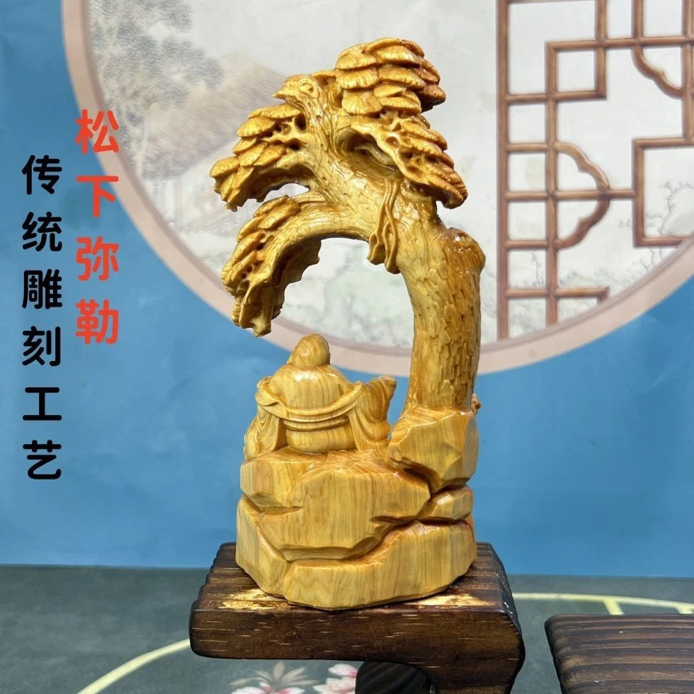 Cai Bai Wood Carved Laughing Buddha Figurine Under Tree Home Décor Chinese Style 07FC0E-D4 - KOEEK