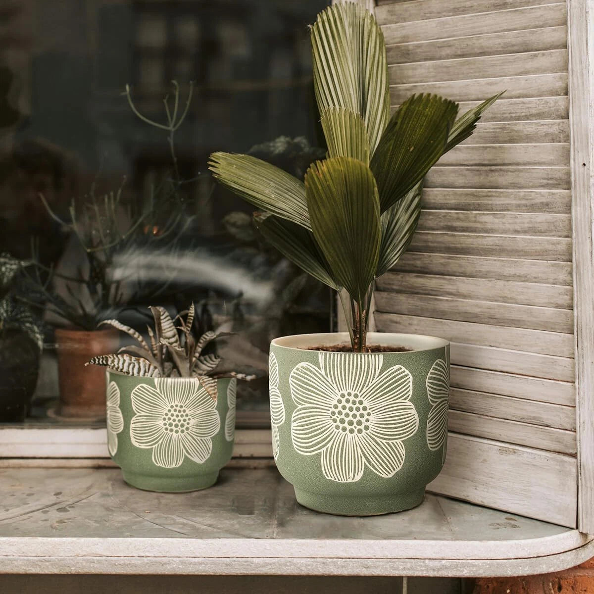 8-Inch + 6-Inch White Floral Pattern Planter, Sand Glazed Ceramic Planter,Green 07FC0E-D4 - KOEEK