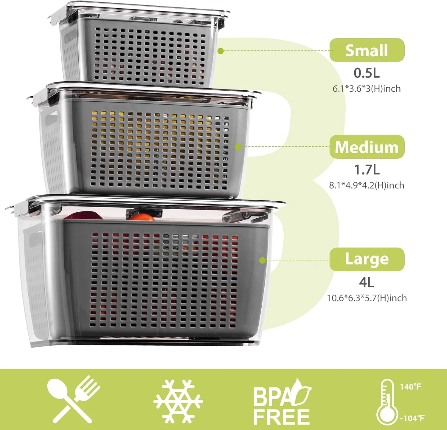 Fresh fruit and vegetable storage container, set of 3 07FC0E-D4 - KOEEK