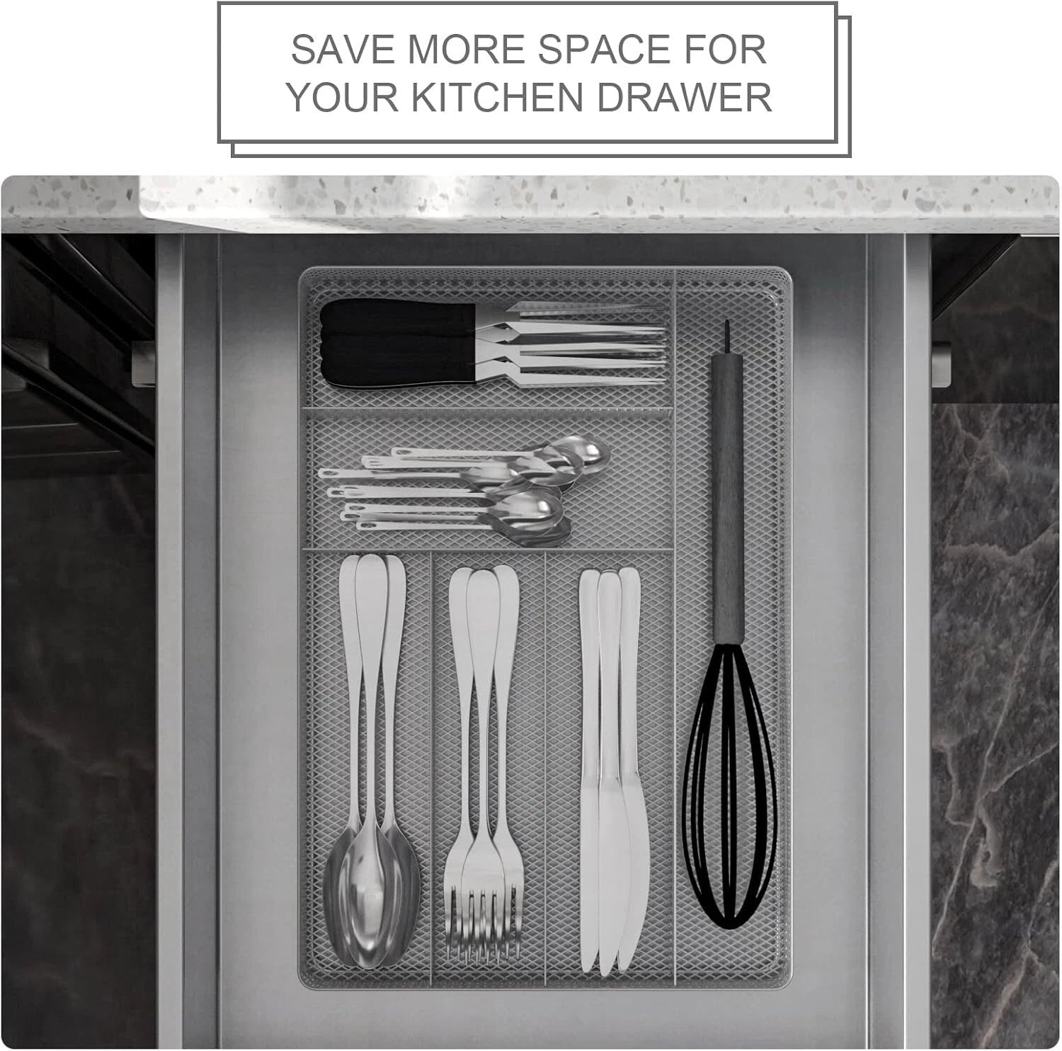 Mesh Utensil Tray, 6 Compartment Kitchen Silverware Rack Organizer, Silver 07FC0E-D4 - KOEEK