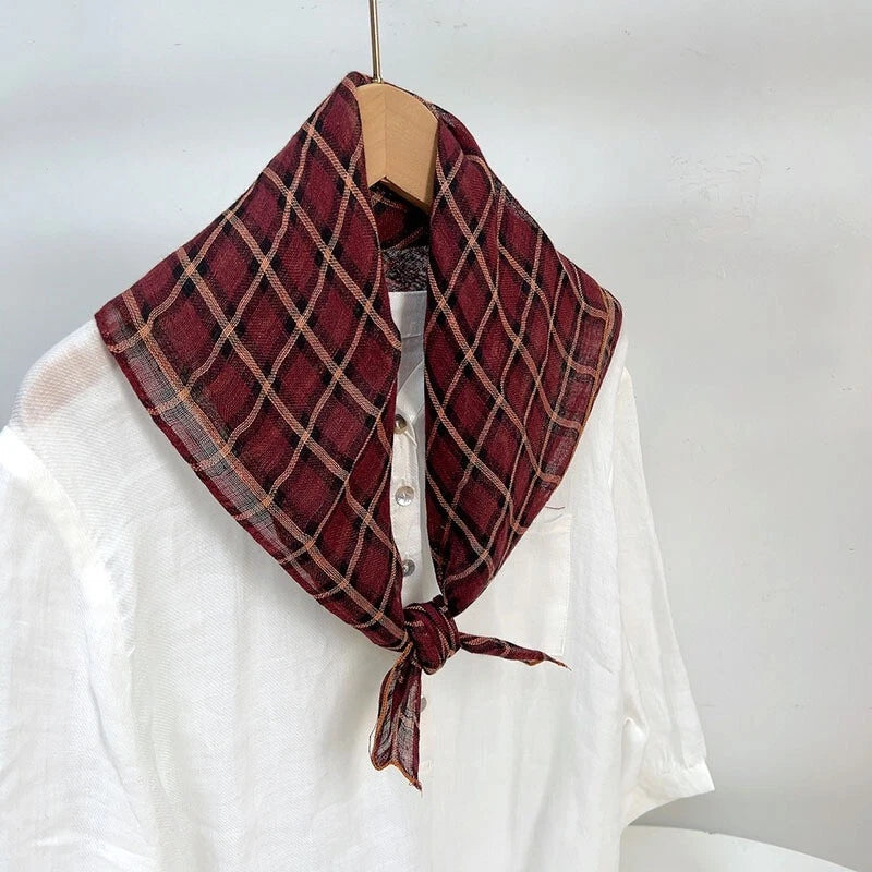 Womens Wine Red  Flax Linen Plaid Bandana Neck Wrap Neckerchief Shawl Scarf 07FC0E-D4 - KOEEK