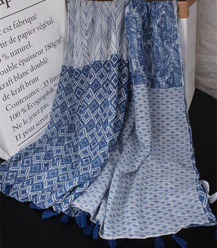 Womens White Blue Geometric Floral Yarn Scarf Tassel Shawl Spring Pashmina Cape 07FC0E-D4 - KOEEK