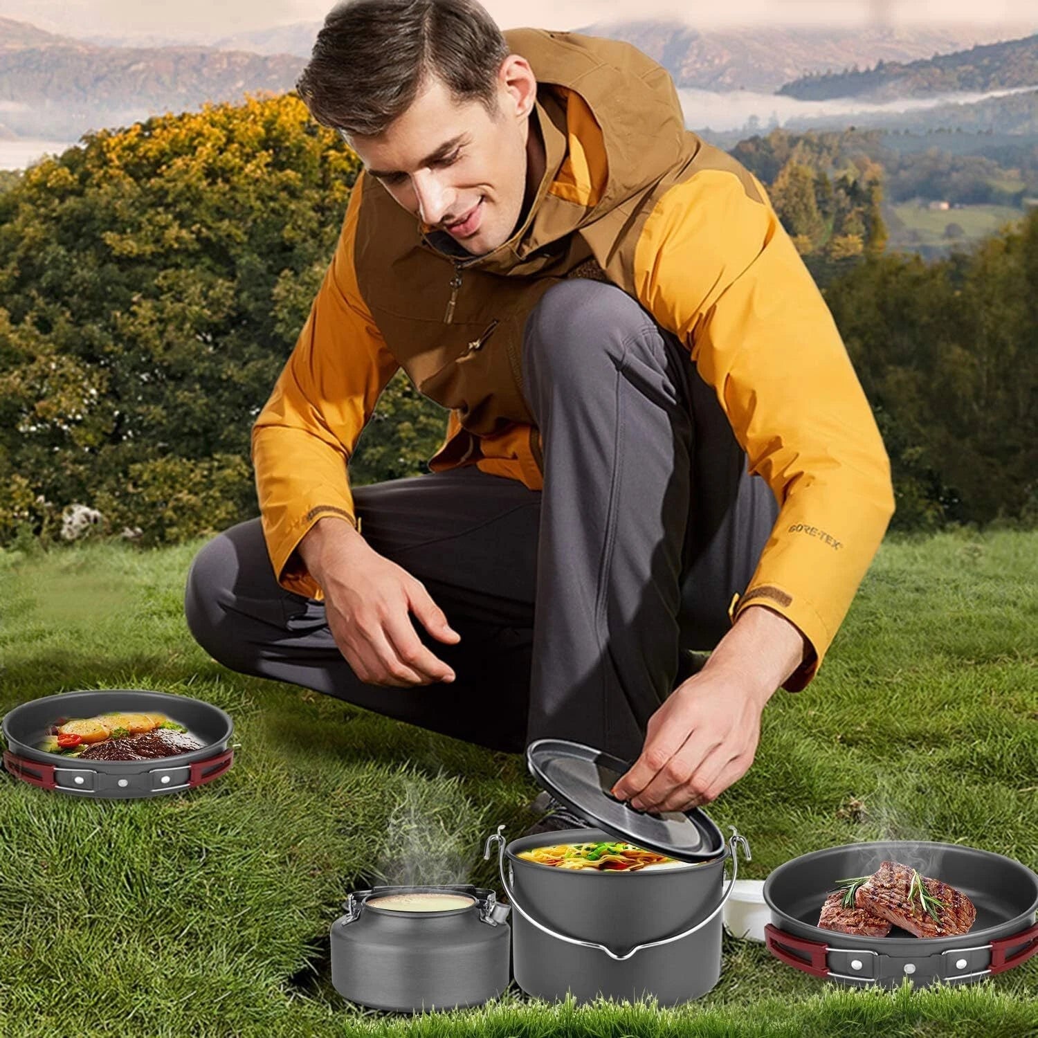 22 Piece Camping Cookware Set, Large Hanging Pot Pan Kettle, Picnic 07FC0E-D4 - KOEEK