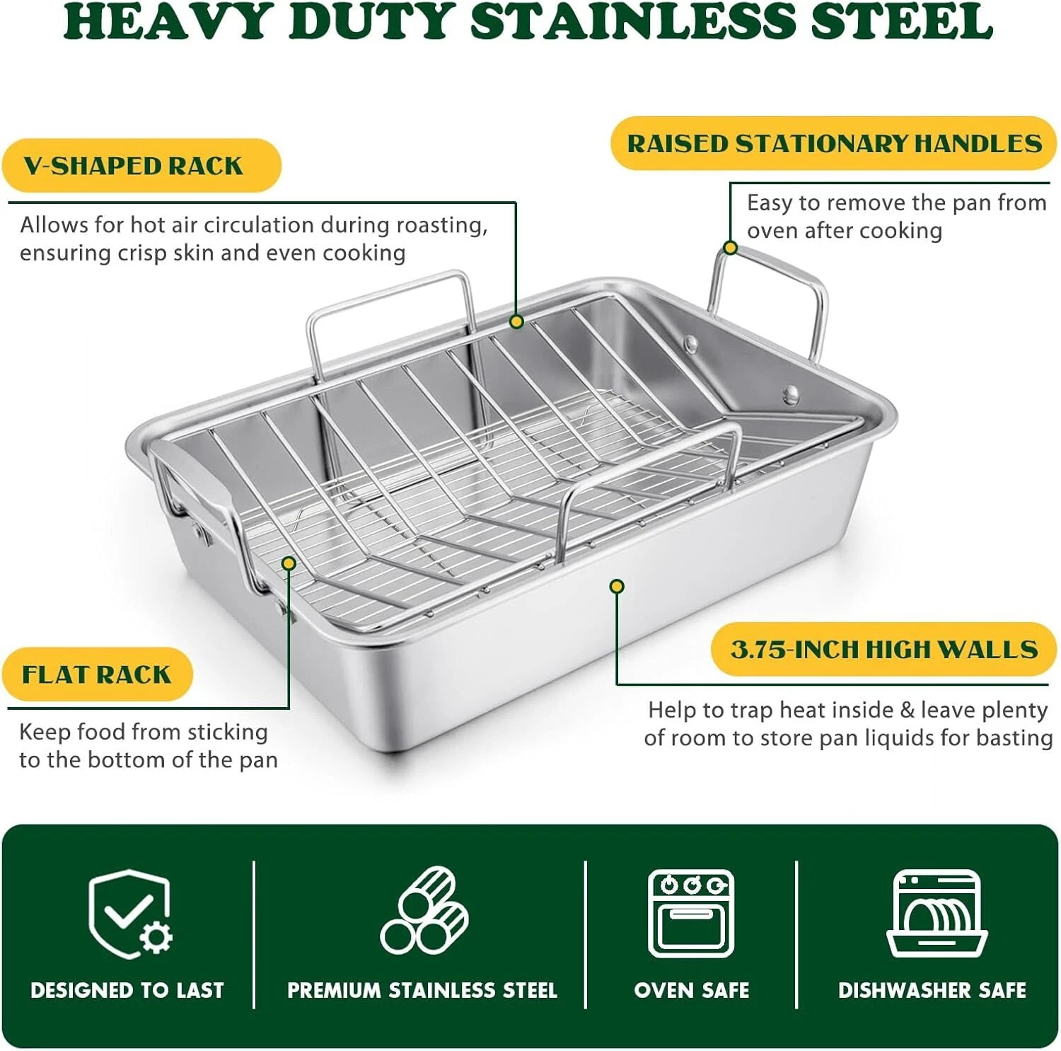 Roasting pan, 16 x 11.5-inch stainless steel turkey roasting pan (with rack) 07FC0E-D4 - KOEEK
