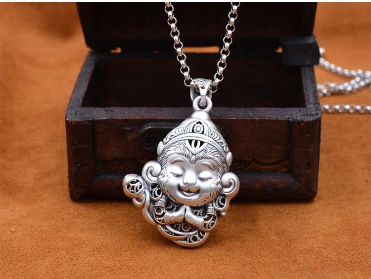 Wukong Qi Tian Da Sheng Sweater Chain Long Pendant Silver Plated Necklace 07FC0E-D4 - KOEEK