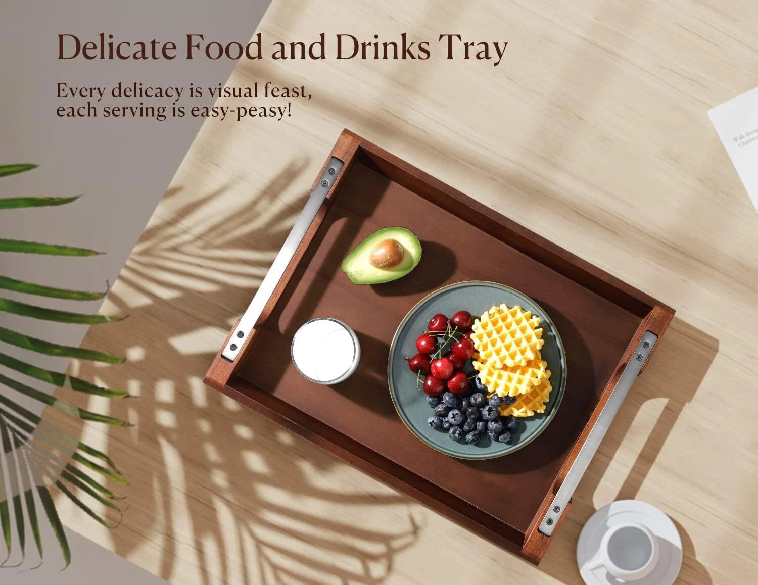 Acacia Wood Tray with Metal Handles, 17x13-Inch Food and Beverage Tray 07FC0E-D4 - KOEEK