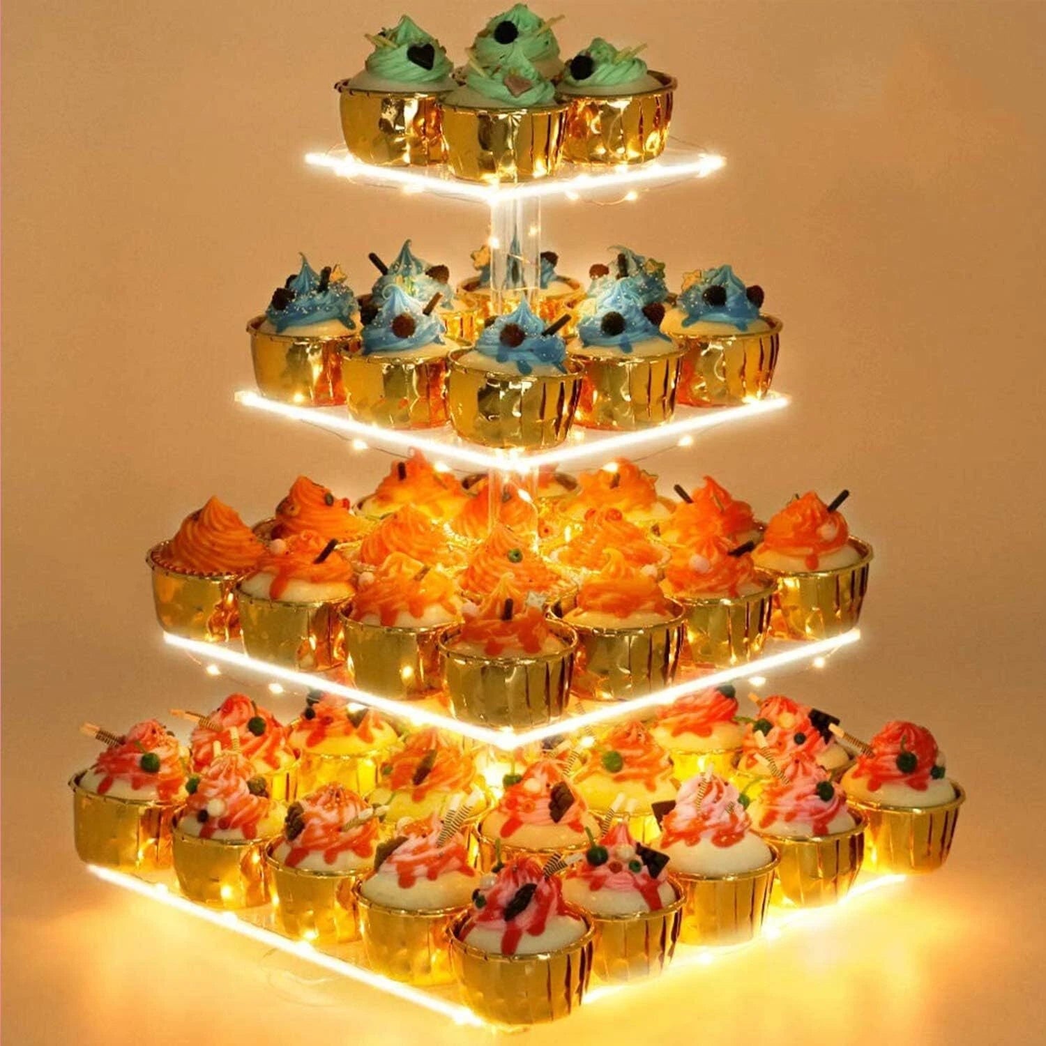 4 Tier Cupcake Stand Acrylic Tower Display with LED Light Premium Holder Dessert 07FC0E-D4 - KOEEK