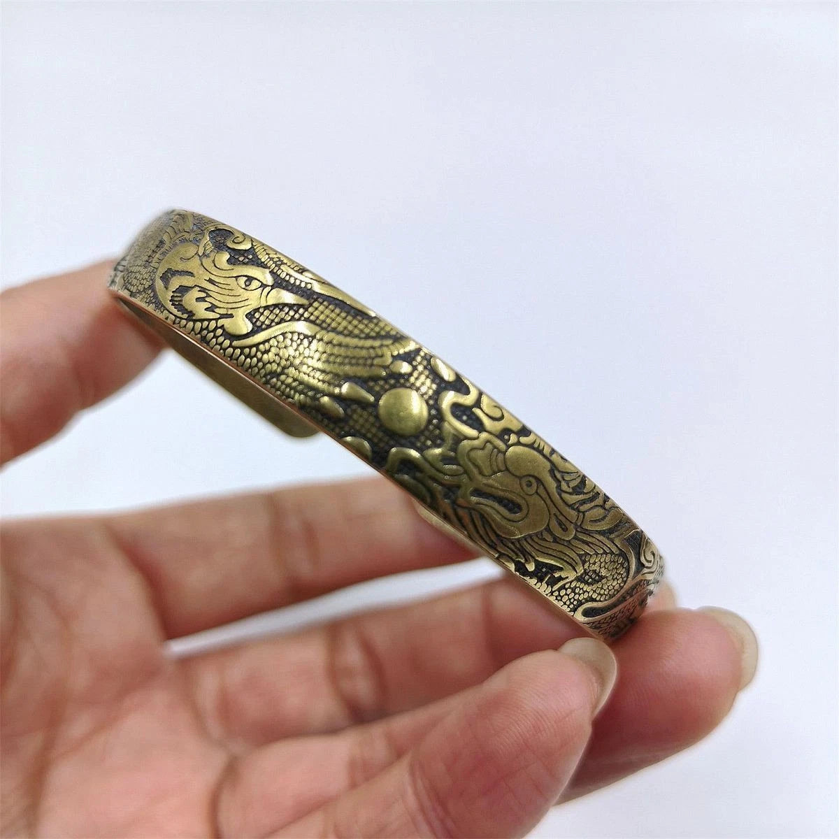 Vintage Brass Bangle Dragon Phoenix Open Copper Bracelet Chinese Style Jewelry 07FC0E-D4 - KOEEK