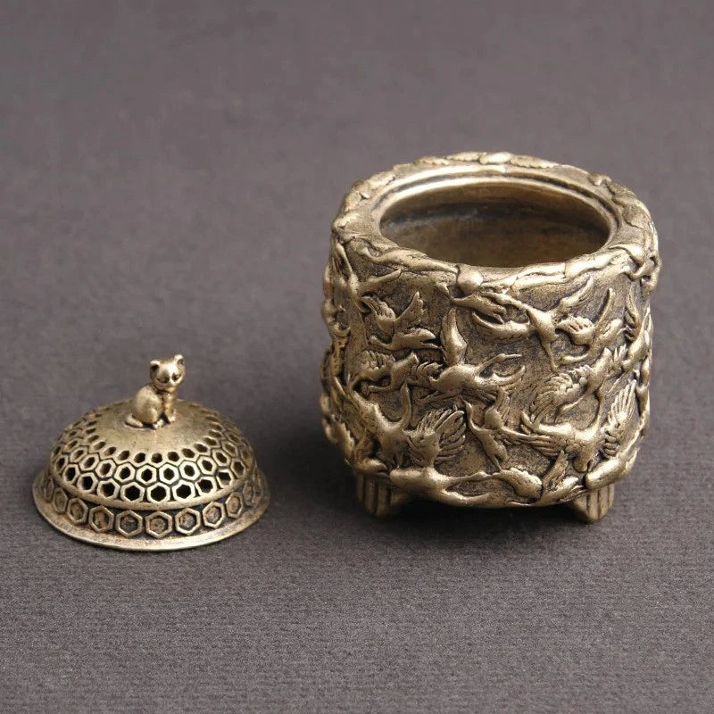 5.3cm Brass Hand-carved Crane Cat Lid Incense Burner Home Decoration Censer 07FC0E-D4 - KOEEK