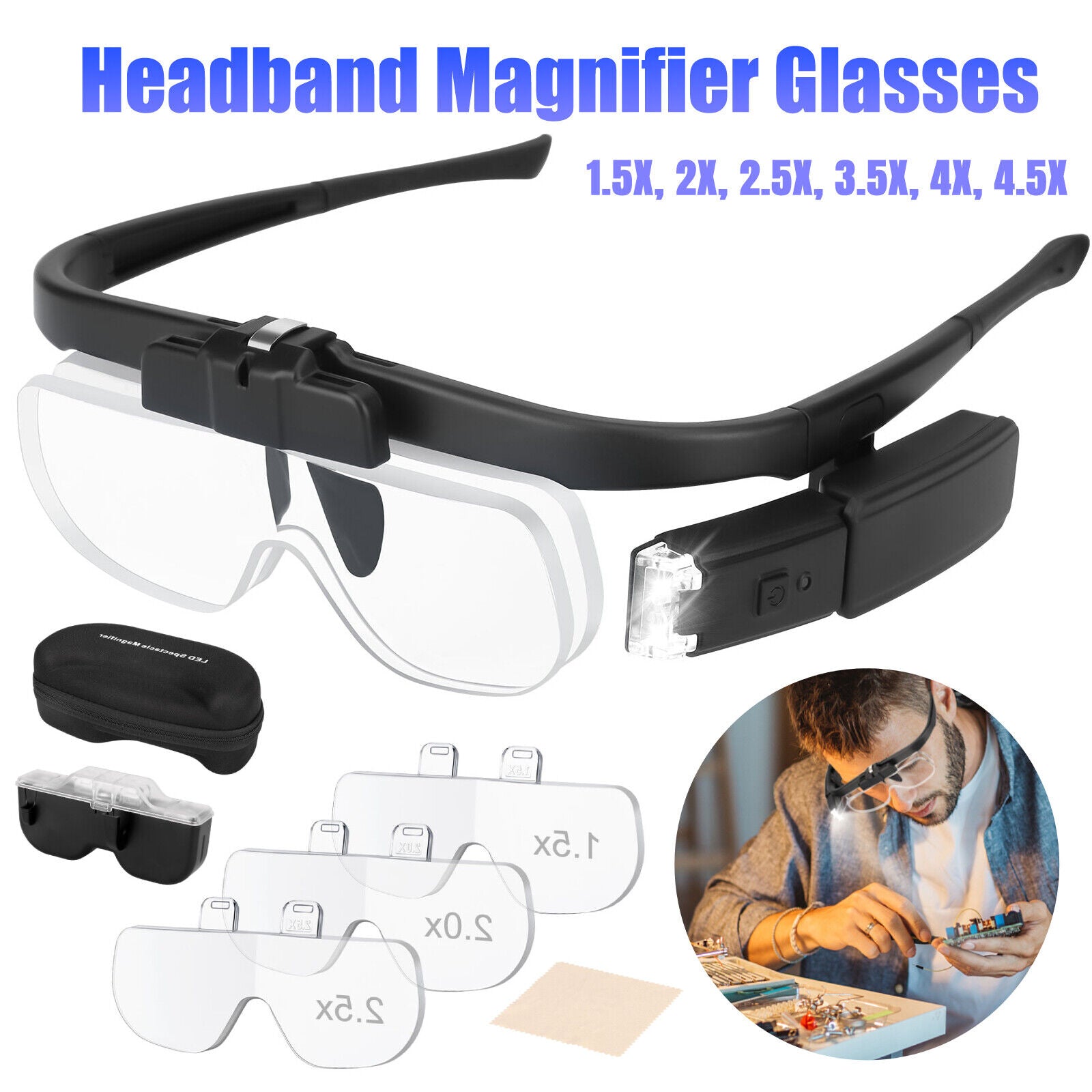 LED Jewelers Headband Magnifier Illuminated Visor Magnifying Glasses with 3 Lens koeek - KOEEK