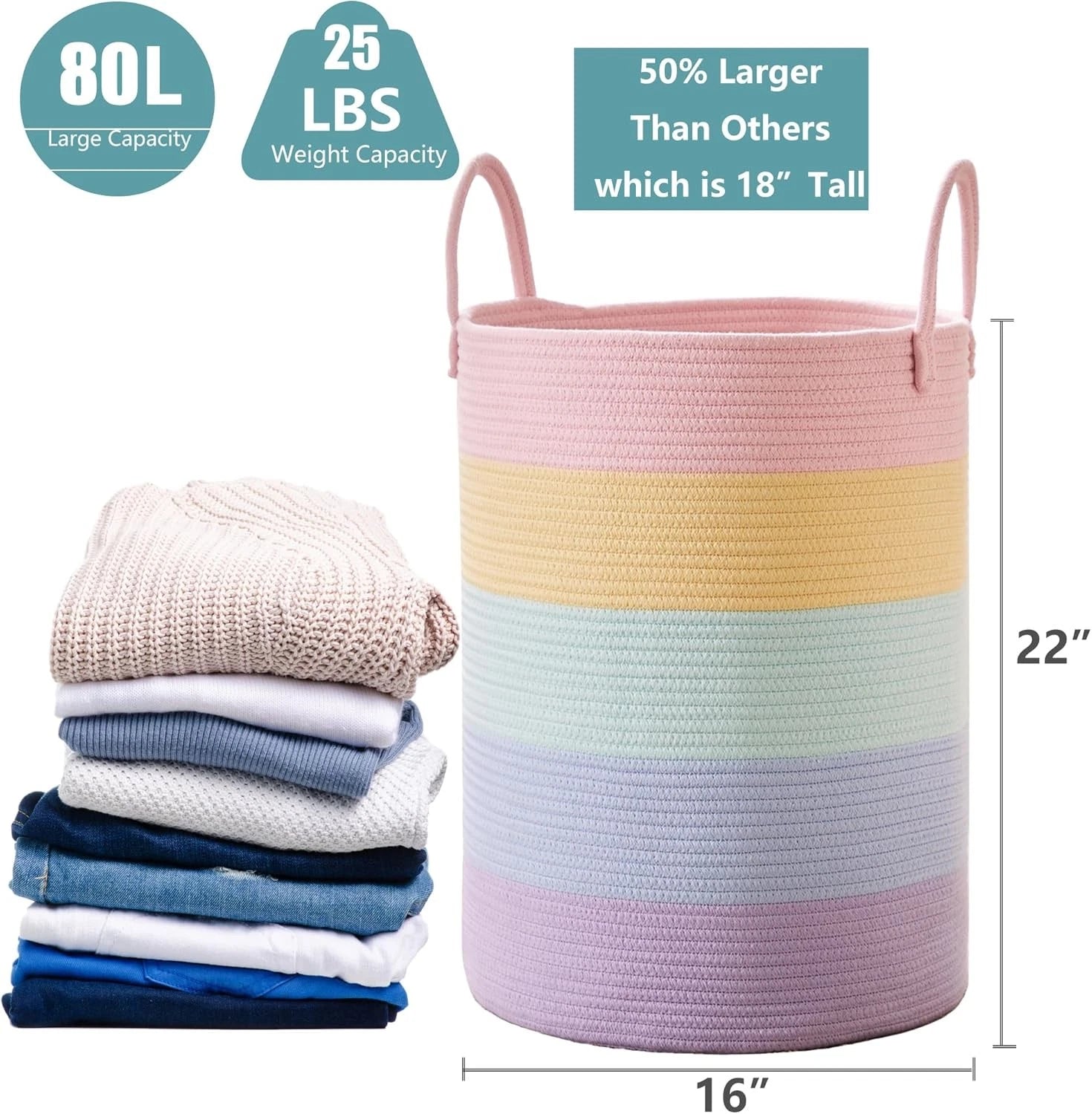 80L Extra Large Rainbow Baby Girls Hamper Laundry Basket for Kids Nursery Pastel 07FC0E-D4 - KOEEK