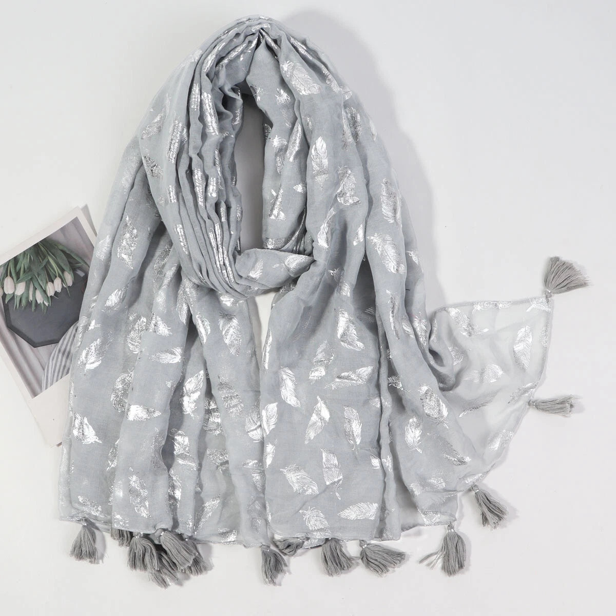 Womens Glitter Metallic Silver Feather Scarf Tassel Shawl Long Pashmina Stole 07FC0E-D4 - KOEEK