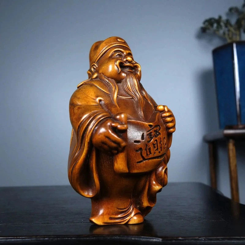 80mm Exquisitely Chinese Boxwood Handmade Carving Mammon Statue Decoration 07FC0E-D4 - KOEEK