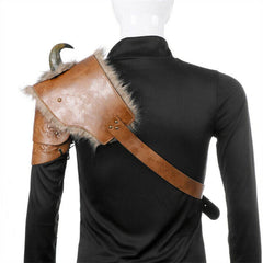 Men's Medieval Armor Shoulder Fur Viking PU Leather Armor w/Horn Halloween Prop 07FC0E-D4 - KOEEK