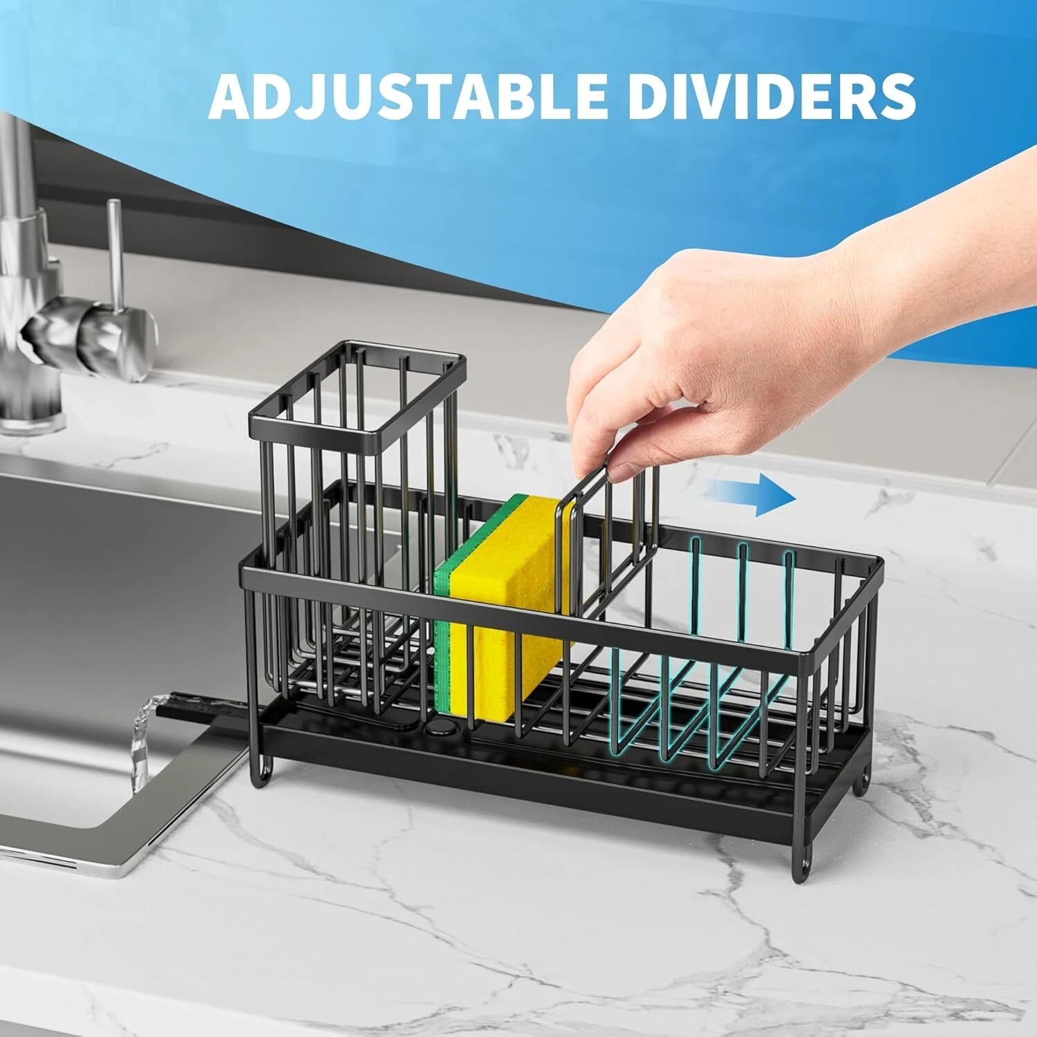Black Sponge Holder for Kitchen Sink,Sink Caddy Organizer with High Brush Holder 07FC0E-D4 - KOEEK