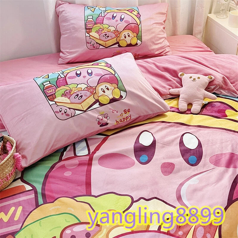 Anime Kirby Velvet Bed Sheet Pillowcase Quilt Cover Double Queen Bedding Set 4pc 07FC0E-D4 - KOEEK