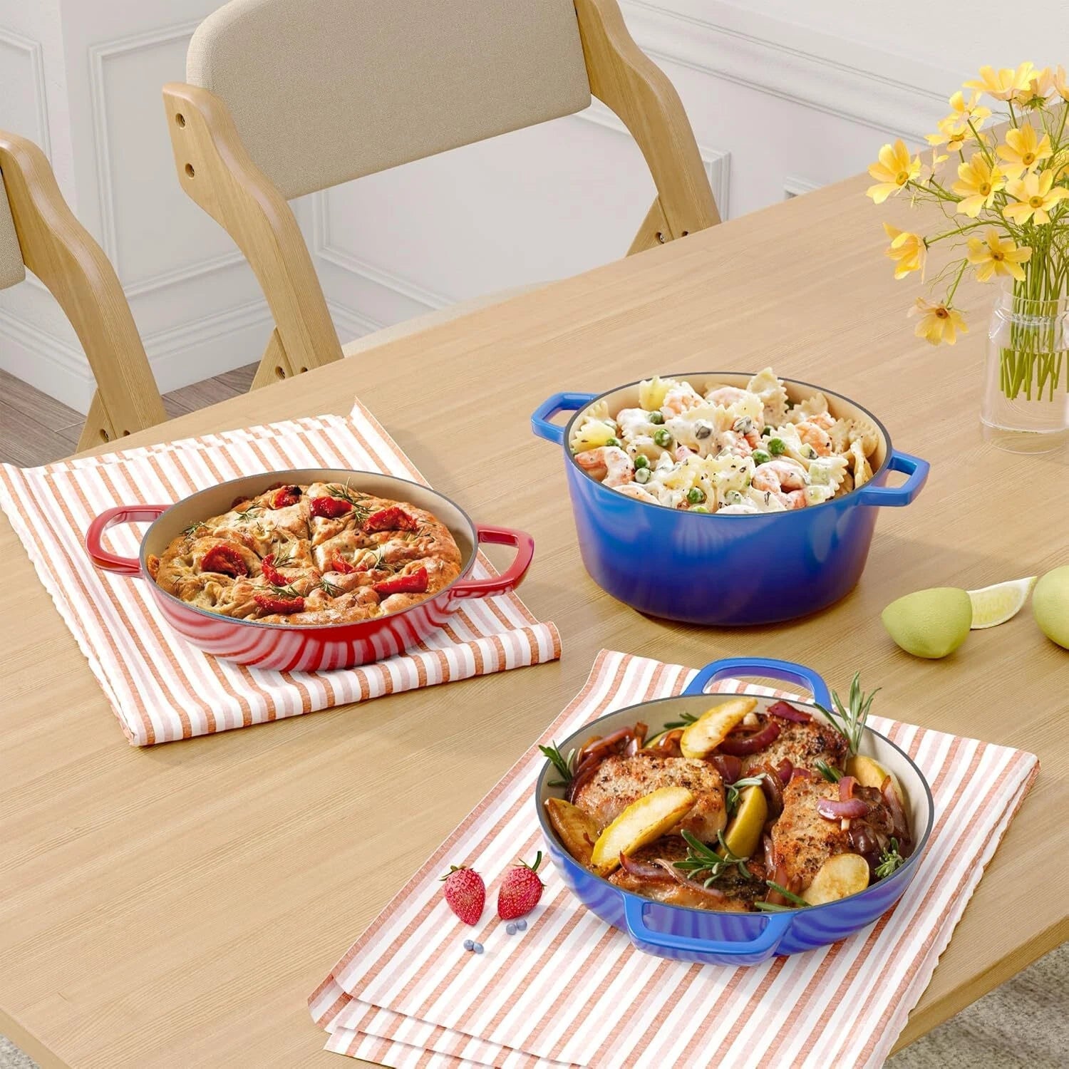 3-Quart Enameled Shallow Cast Iron Dutch Oven with Lid for All Stoves, Red 07FC0E-D4 - KOEEK