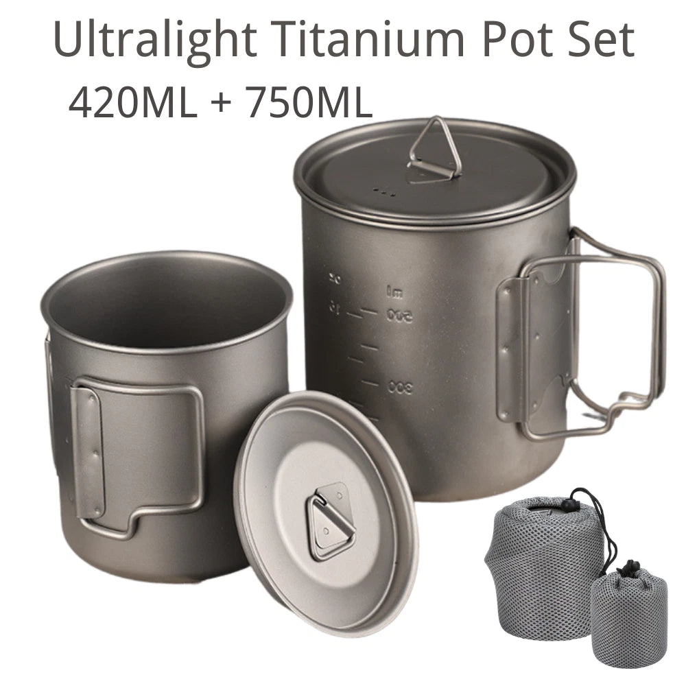 Titanium 420ml 750ml Pot Set With Foldable Handle - Outdoor Camping Cup Bowl Pot 07FC0E-D4 - KOEEK
