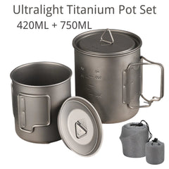 Titanium 420ml 750ml Pot Set With Foldable Handle - Outdoor Camping Cup Bowl Pot 07FC0E-D4 - KOEEK