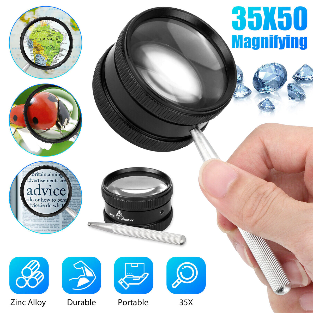 35X Magnifying Glass Reading Magnifier Handheld 2" Optical Lens Jewelry Eye Loop koeek - KOEEK