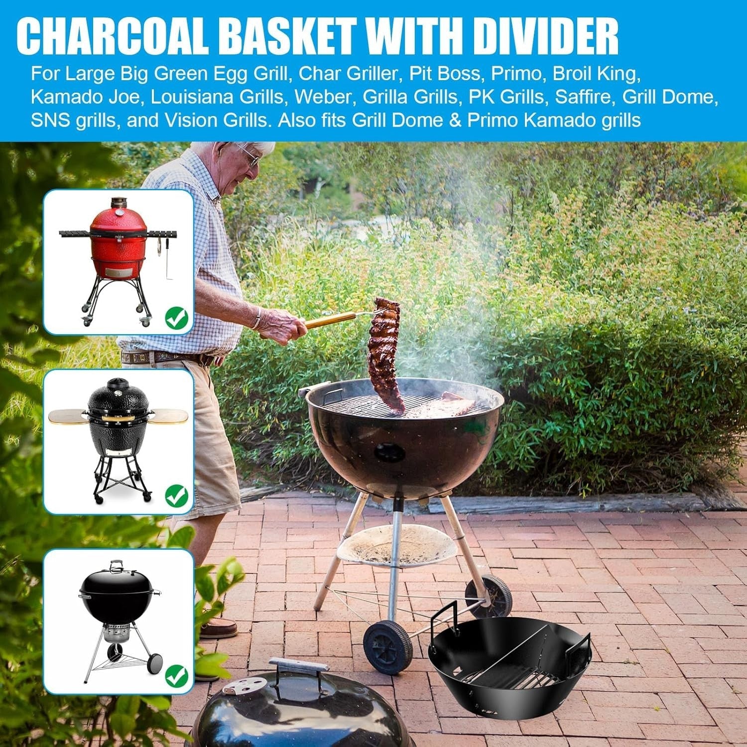 new 14 Inches Charcoal Basket for Large Big Green Egg, Porcelain Enamel Ash...