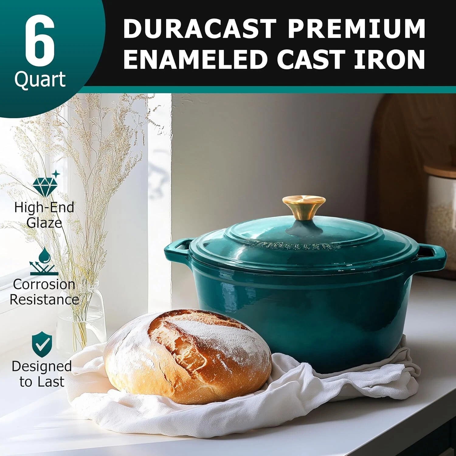 6-Quart Enameled Cast Iron Dutch Oven Pan with Lid, Heavy Duty, Oven Safe 07FC0E-D4 - KOEEK