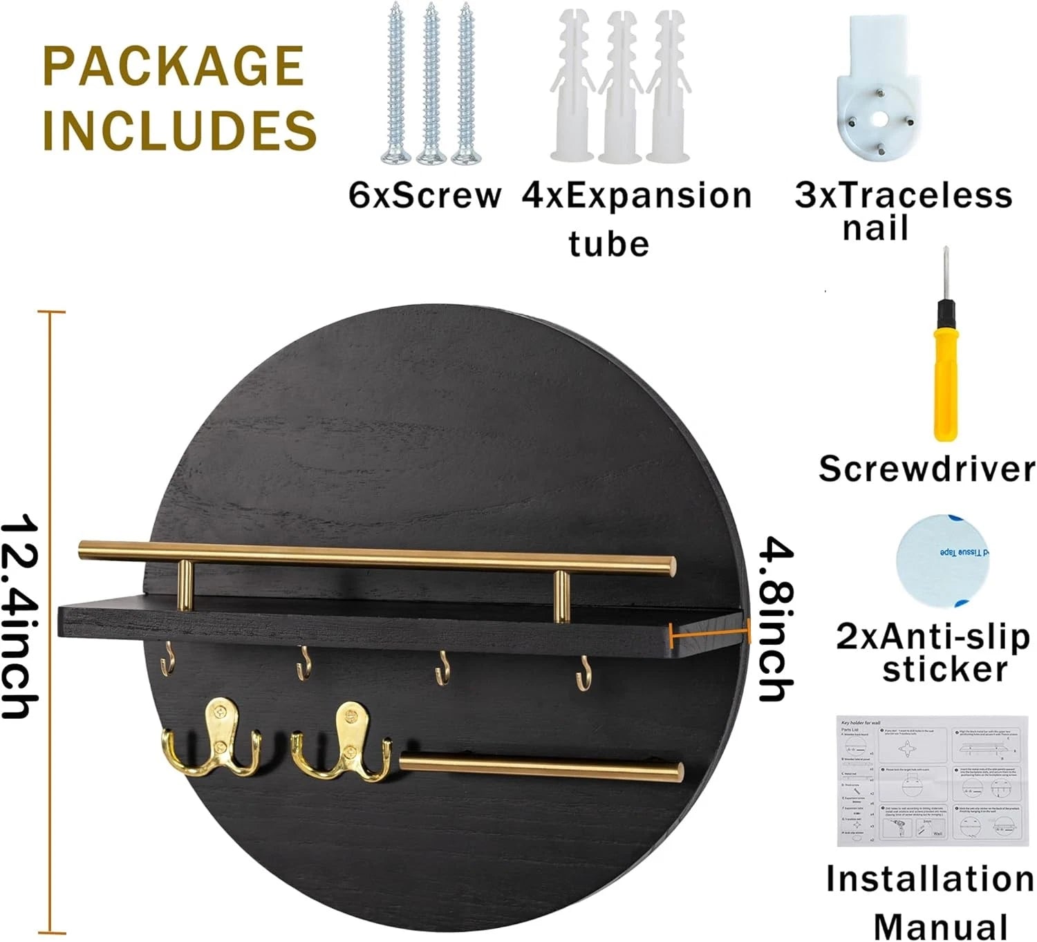 Wall-mounted key rack with shelves and hooks, mail organizer wall rack 07FC0E-D4 - KOEEK
