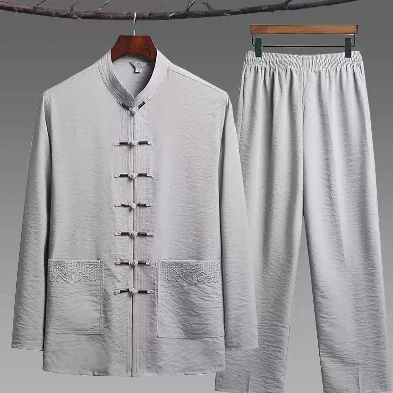 Chinese Traditional Clothing Kung Fu Buckle Shirt Oriental Retro Top Pants Set 07FC0E-D4 - KOEEK