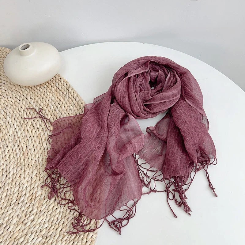 Womens Soft  Linen Cotton Scarf Solid Color Tassel Yellow Neckerchief Shawl 07FC0E-D4 - KOEEK