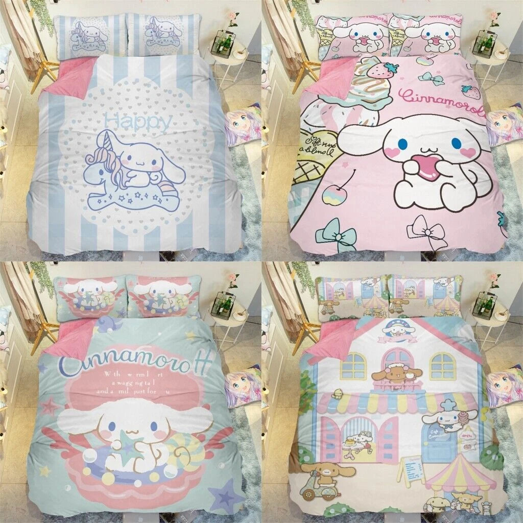 Cartoon Duvet Cinnamoroll Cover Bed Sheet Pillowcase Set for Twin Queen King Bed 07FC0E-D4 - KOEEK
