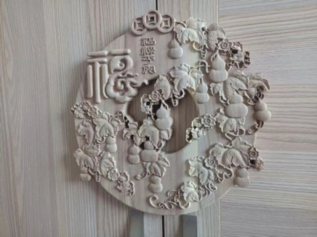 Dongyang Fu Lu Peace Wood Carving Wall Hanging Round 27cm Home Decor 07FC0E-D4 - KOEEK