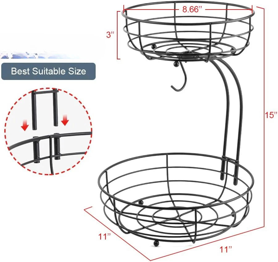 Iron 2-Tier Countertop Fruit Vegetables Basket Bowl Storage With Banana Hanger 07FC0E-D4 - KOEEK