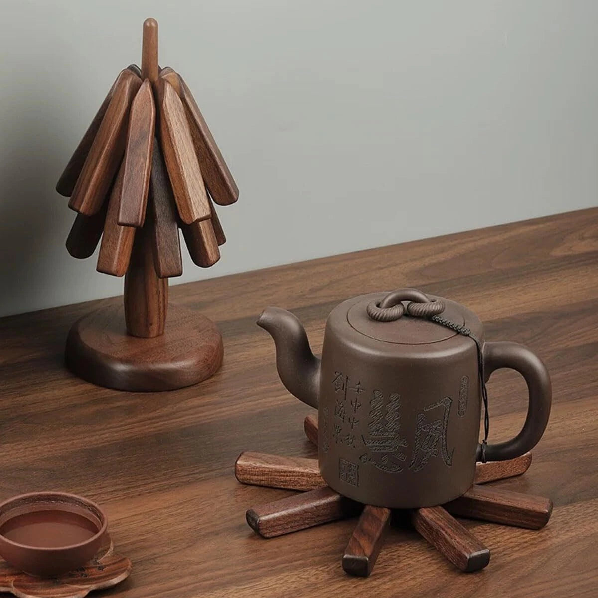 Wooden Trivets for Hot Dishes 3+1Set with Stand Heat-Resistant Black Walnut Tree 07FC0E-D4 - KOEEK